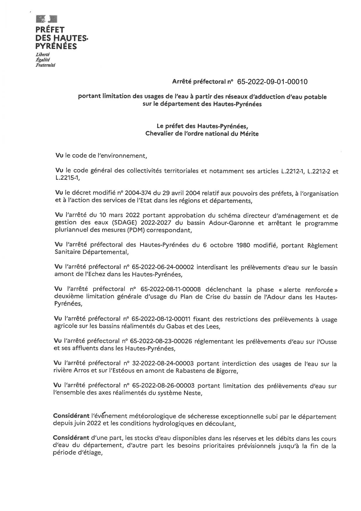 Arrêté préfectoral du 2 septembre 2022 portant limitation des usages de